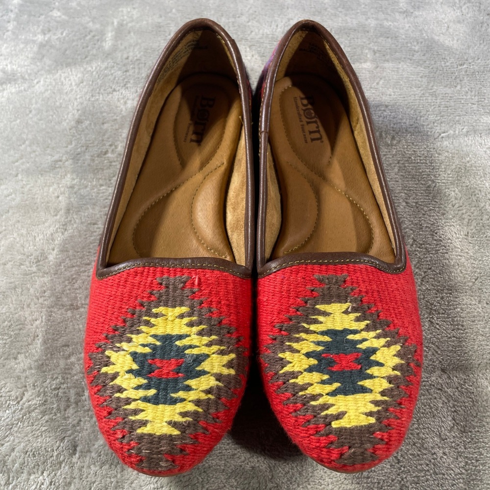 Born Loafers Flats Slip On Women 9.5 Red Southwestern Aztec Woven Fabric Leather - Picture 5 of 10